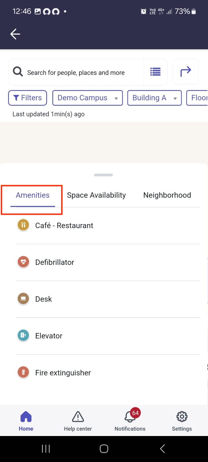 Mobile navigation bar displaying workplace amenities.