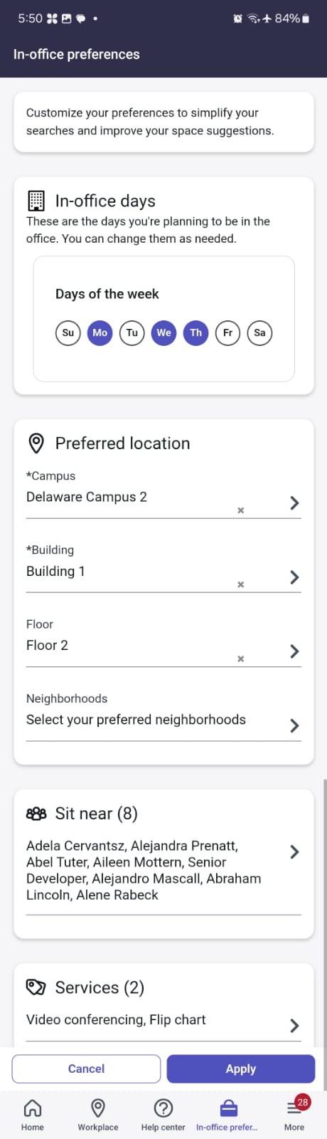 In-office preferences page options to set your workplace preferences.