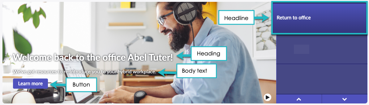 Banner containing header, heading, body text, and button content