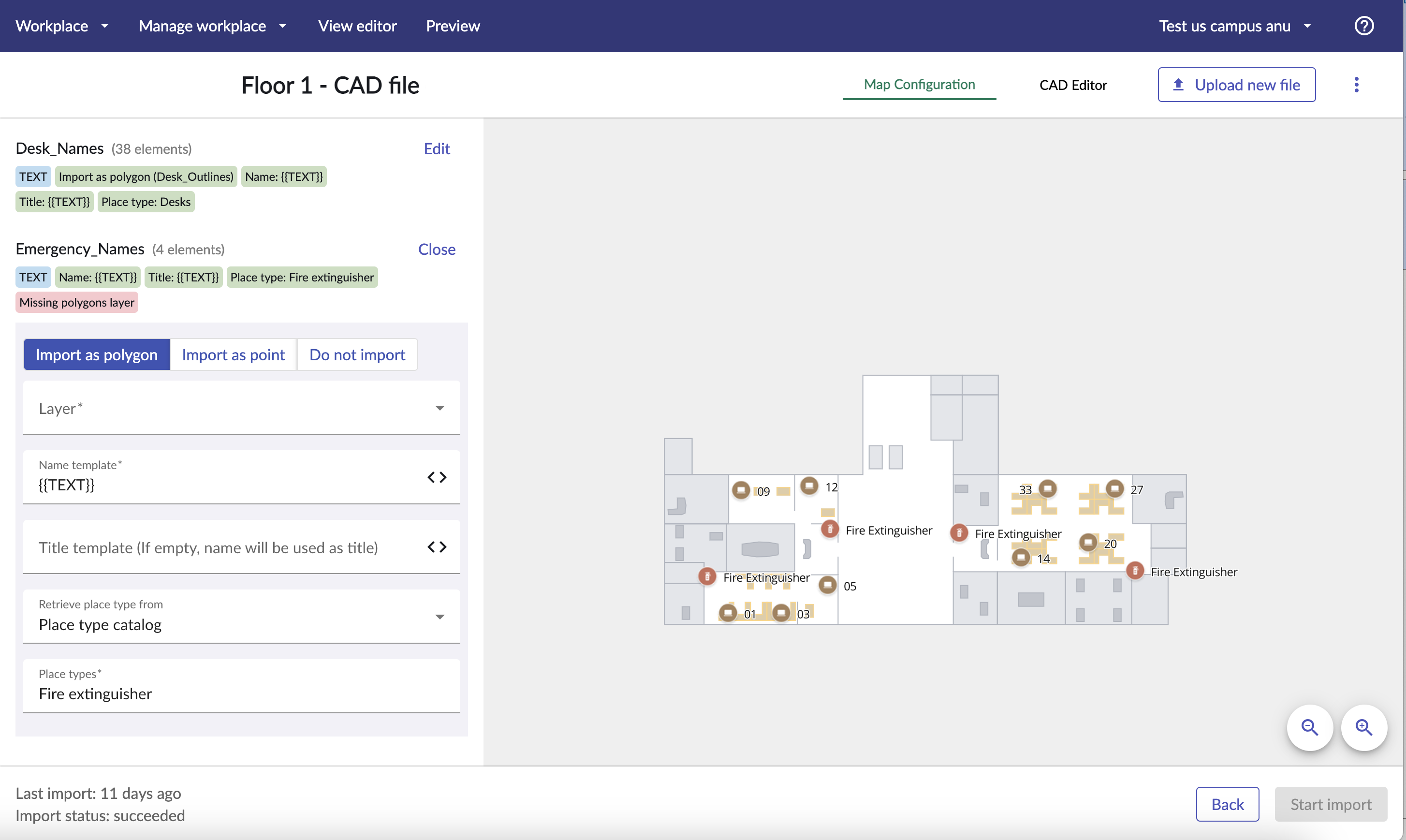 Map configuration tab with the Import as polygon option selected.