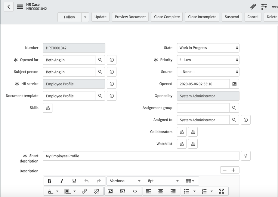 The HR Case form where you can enter "Employee Profile" in the Document template field.