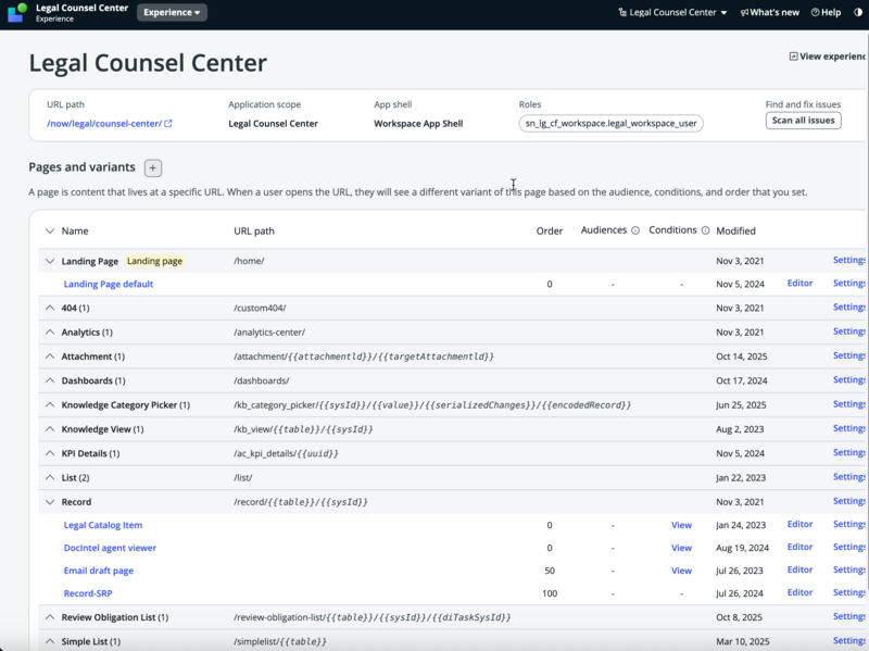 Pages in the Legal Counsel Center experience on the UI Builder