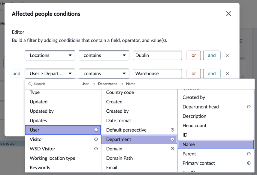 Assign to conditions showing location and dot-walked condition for user's department name