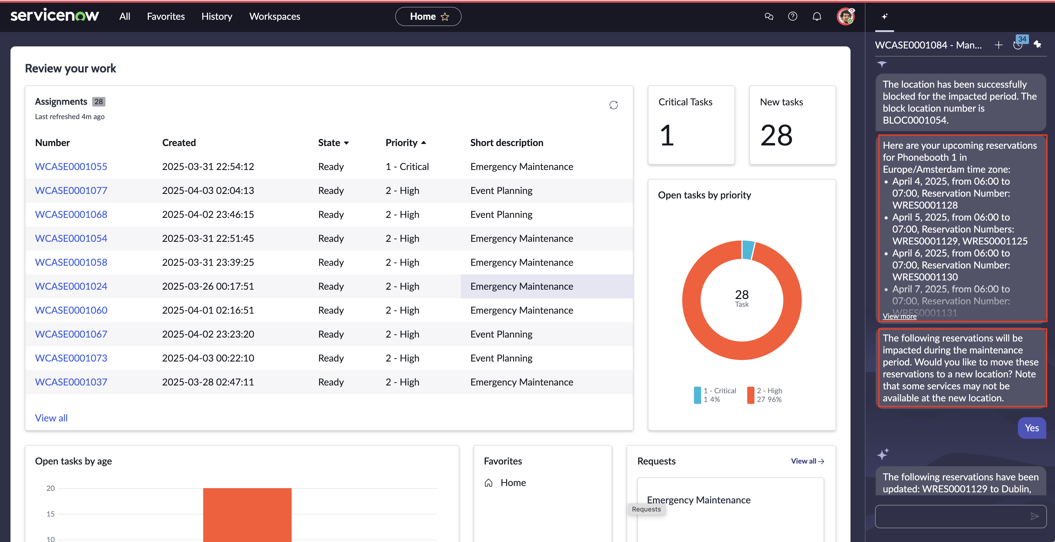 Now Assist panel showing notifications with case resolution notes for event planners to take appropriate measures.