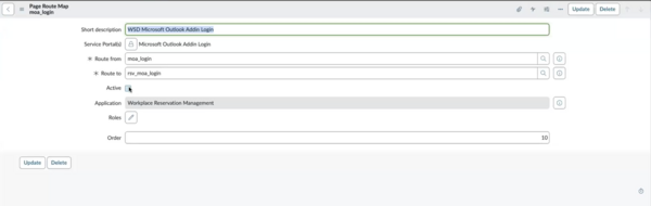 Page Route map to redirect from existing Microsoft Outlook Add-in login to Workplace Reservation Management.