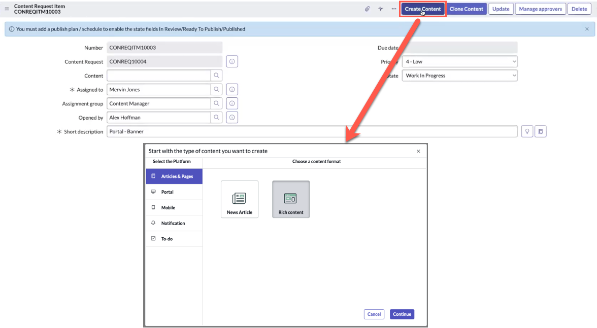 The assigned content creator can create content from the Content Governance interface