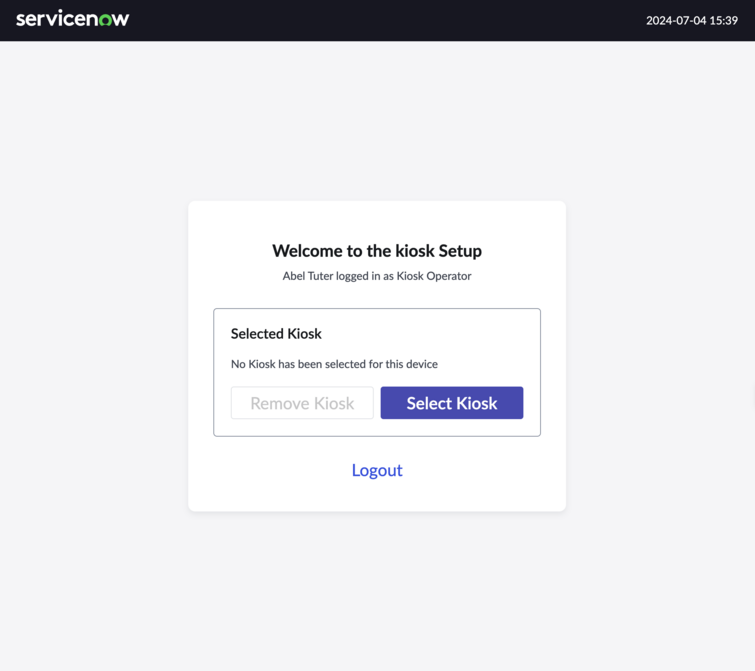 Kiosk setup welcome page. Kiosk operators can configure and select a kiosk to bind it to a physical device.