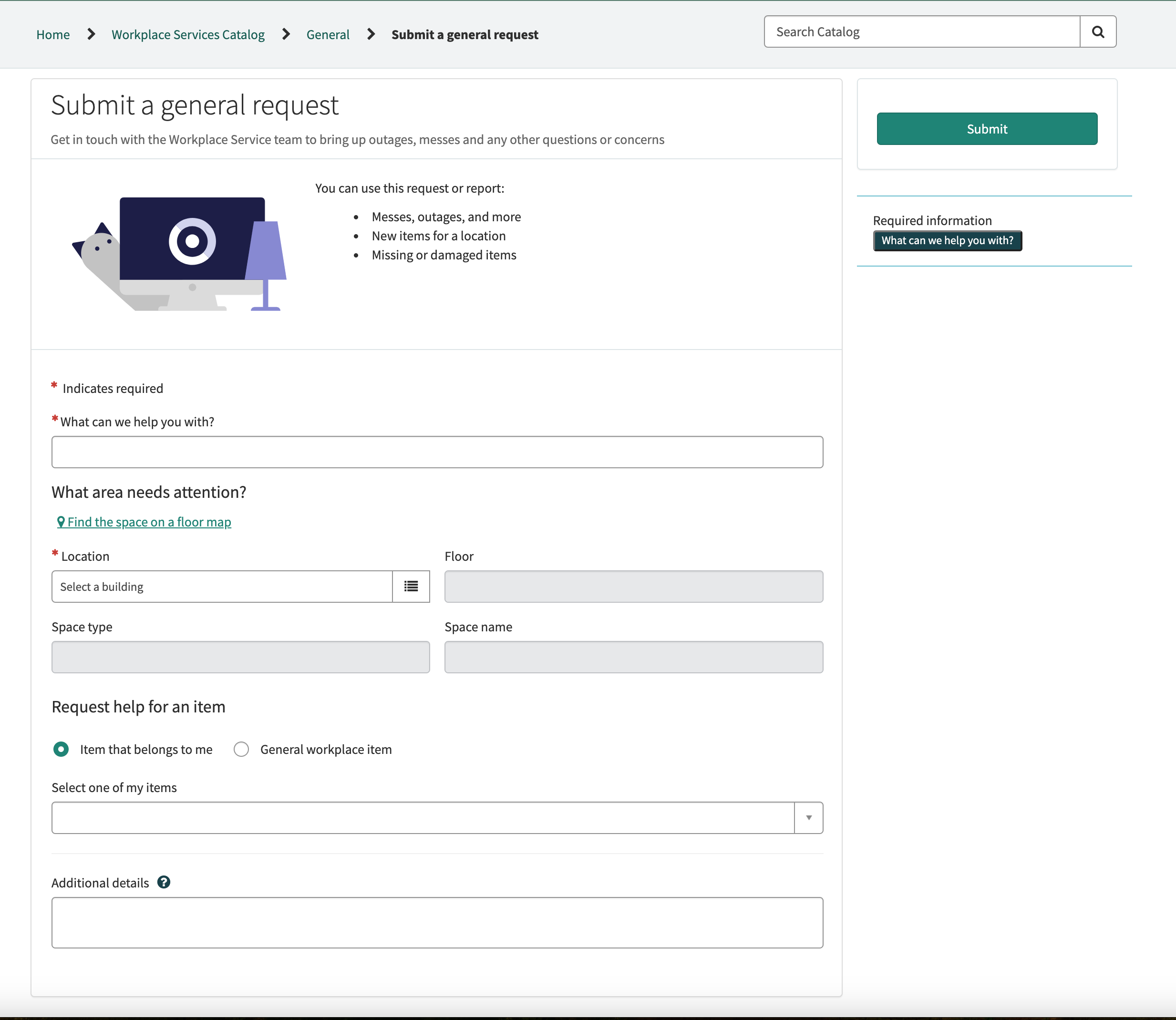 The workplace service 'General Enquiry' displayed as 'Submit a general request' in the Workplace Service Portal.