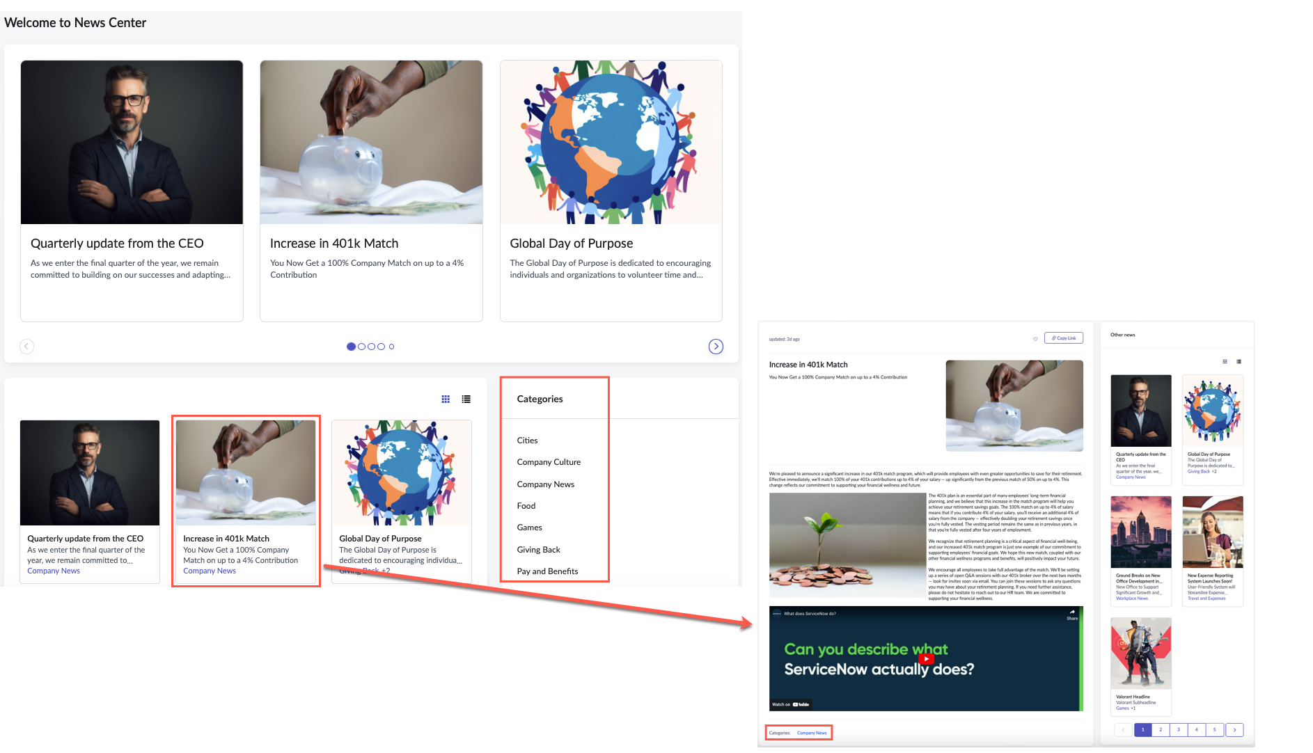 News articles display their associated category