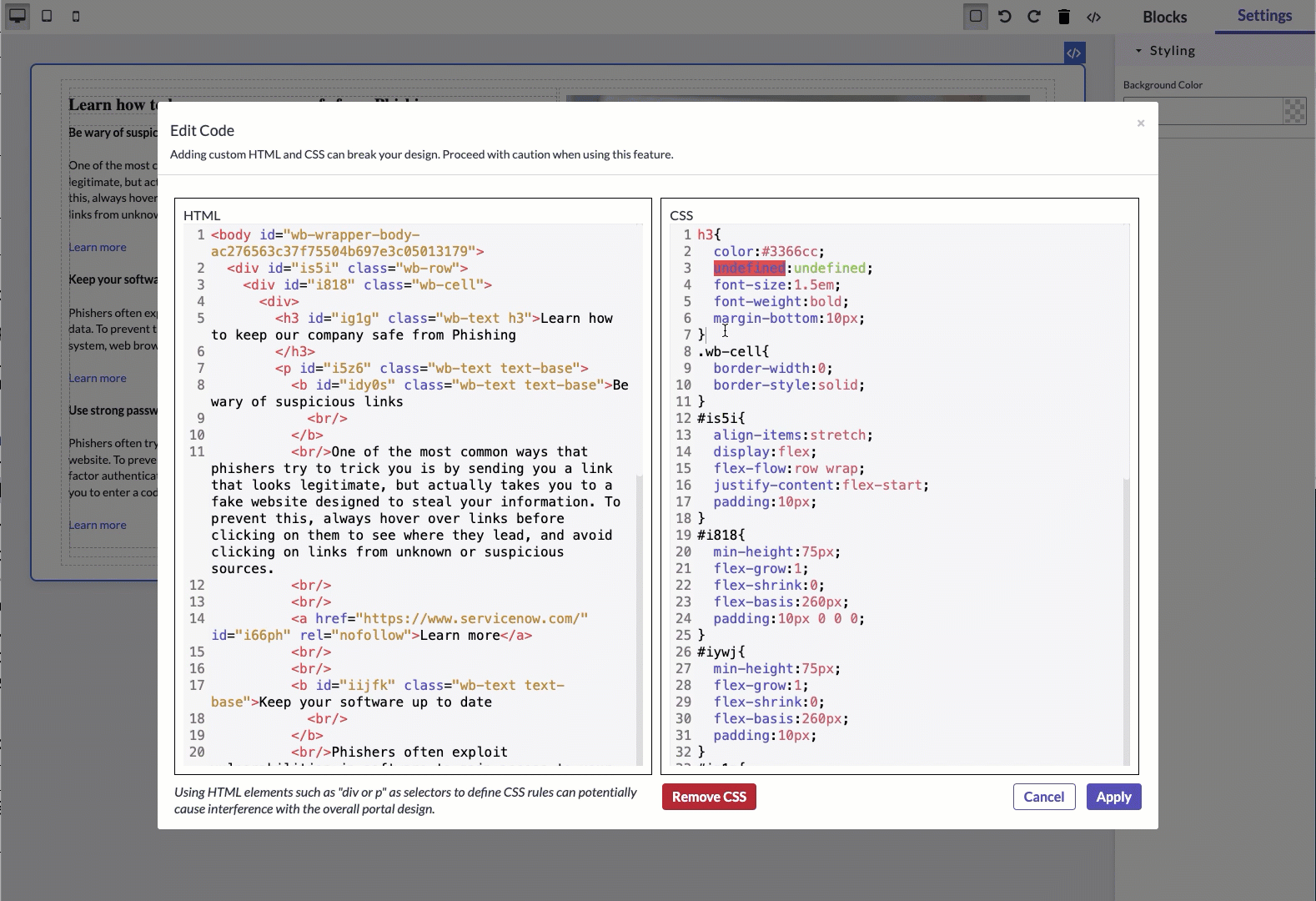 User unsuccessfully tries to delete a CSS rule using the delete key, so they use the Remove CSS button, which removes the highlighted code