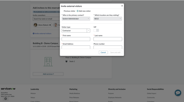 Add new visitor form on the Reservation Details page.