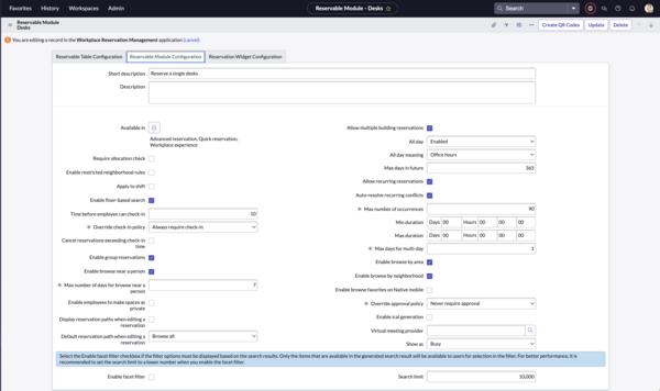 Reservable Module Configuration form showing properties.