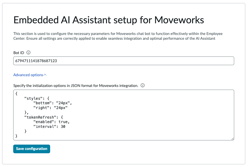 Example for illustration purpose only, Embedded AI Assistant setup for Moveworks