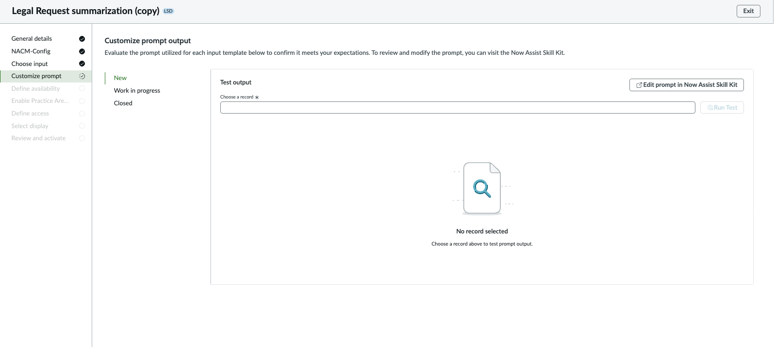 Selection of new sections that can be included in the summary for each input template.