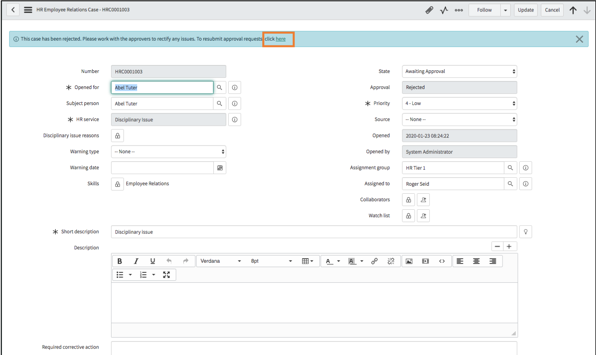 HR case form - reject message