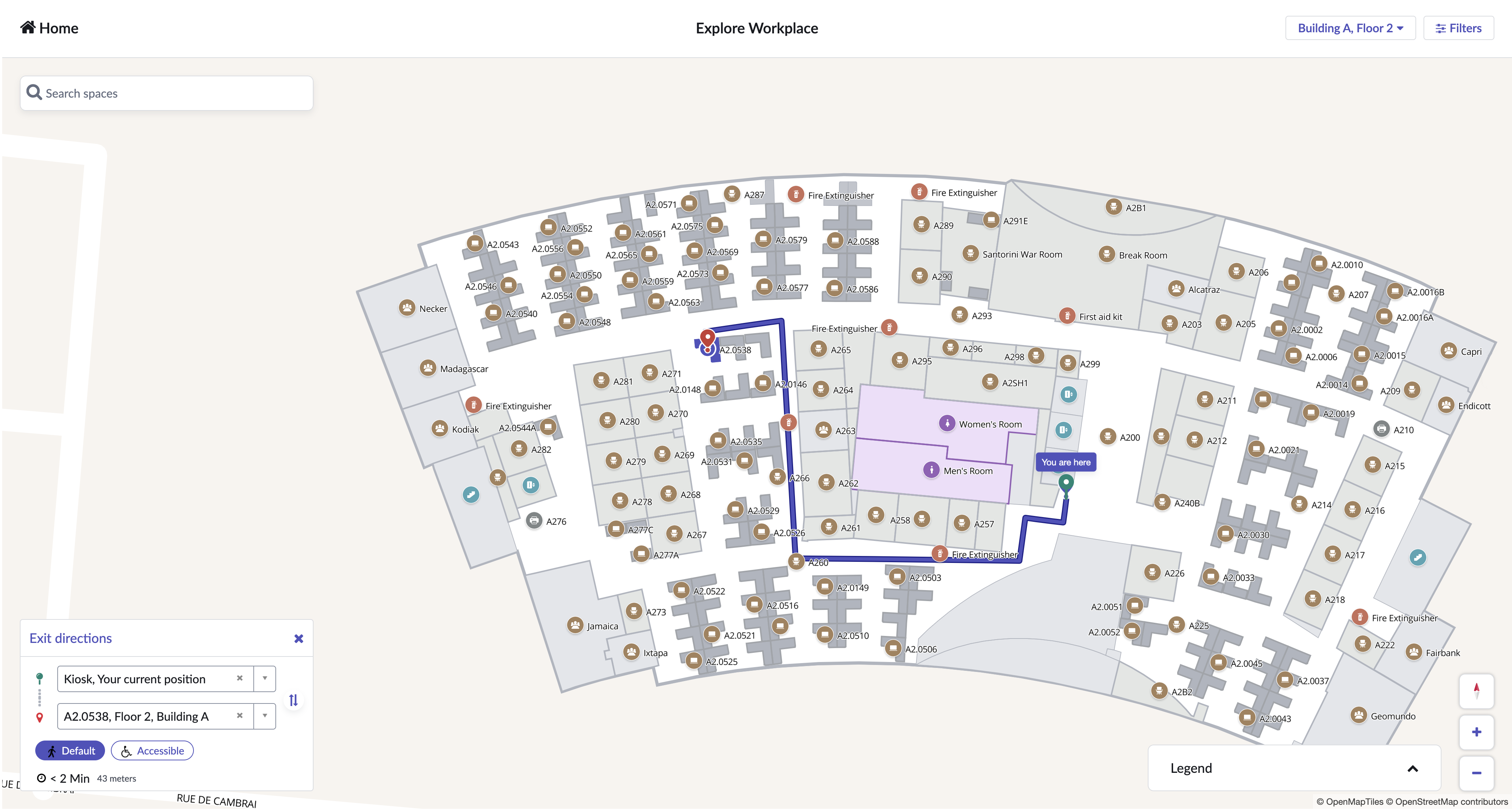 Indoor mapping on a kiosk device with wayfinding. Directions from the kiosk position to the selected workspace are displayed on the map.
