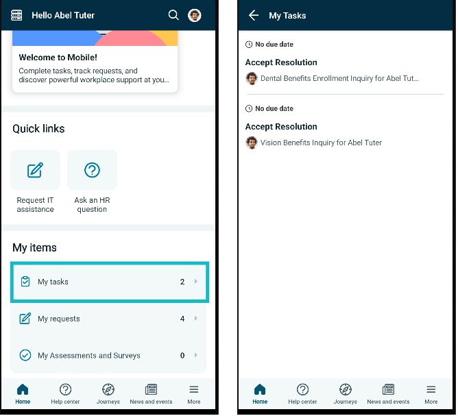 View HR tasks on the app