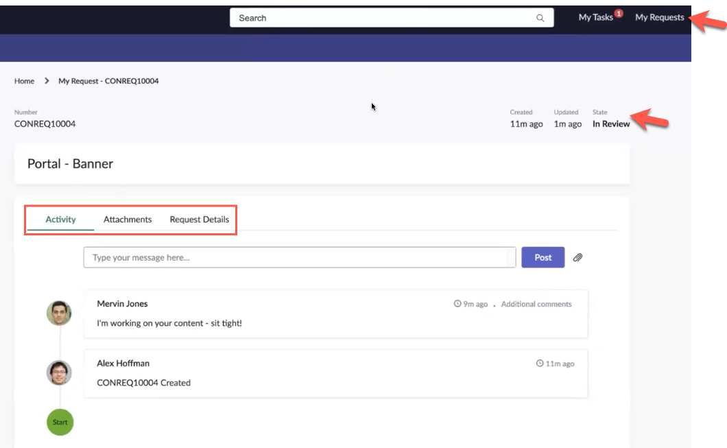 The content requester can track the request status from the My Request tab