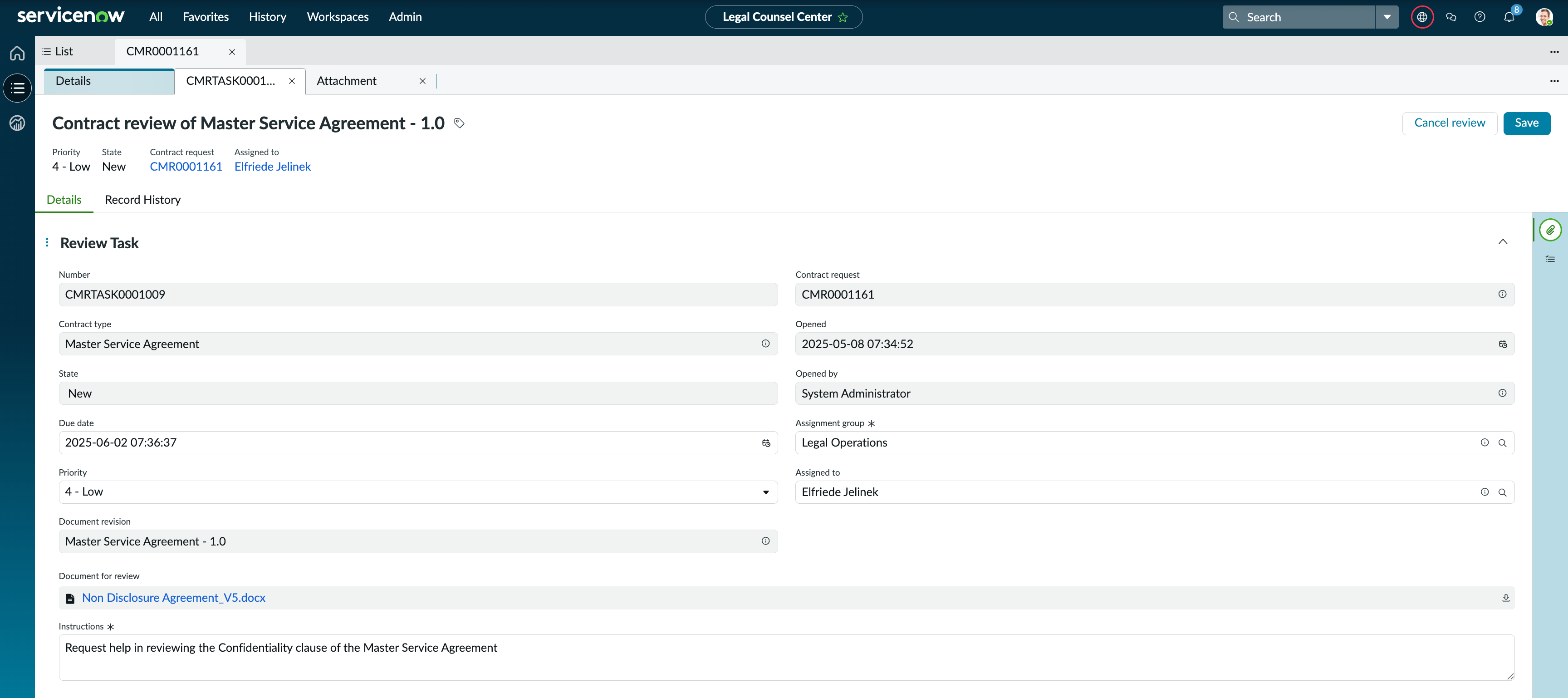 Submit internal review task to get the contract document reviewed by the internal subject matter experts.