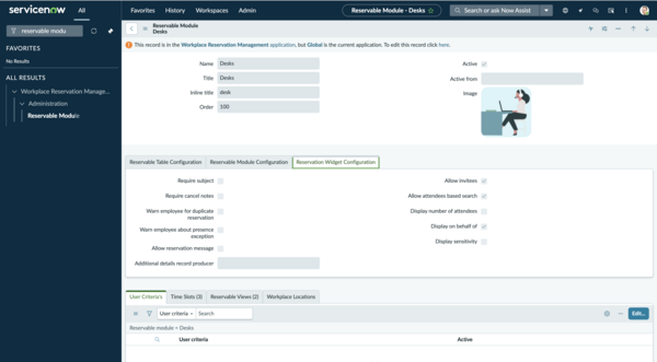 Reservable Module Widget Configuration properties.