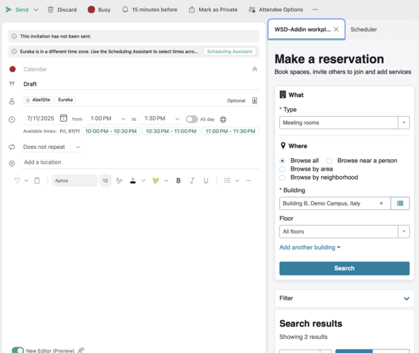 The Make a reservation form page shown on the Calendar invite for employees to make a workplace reservation.