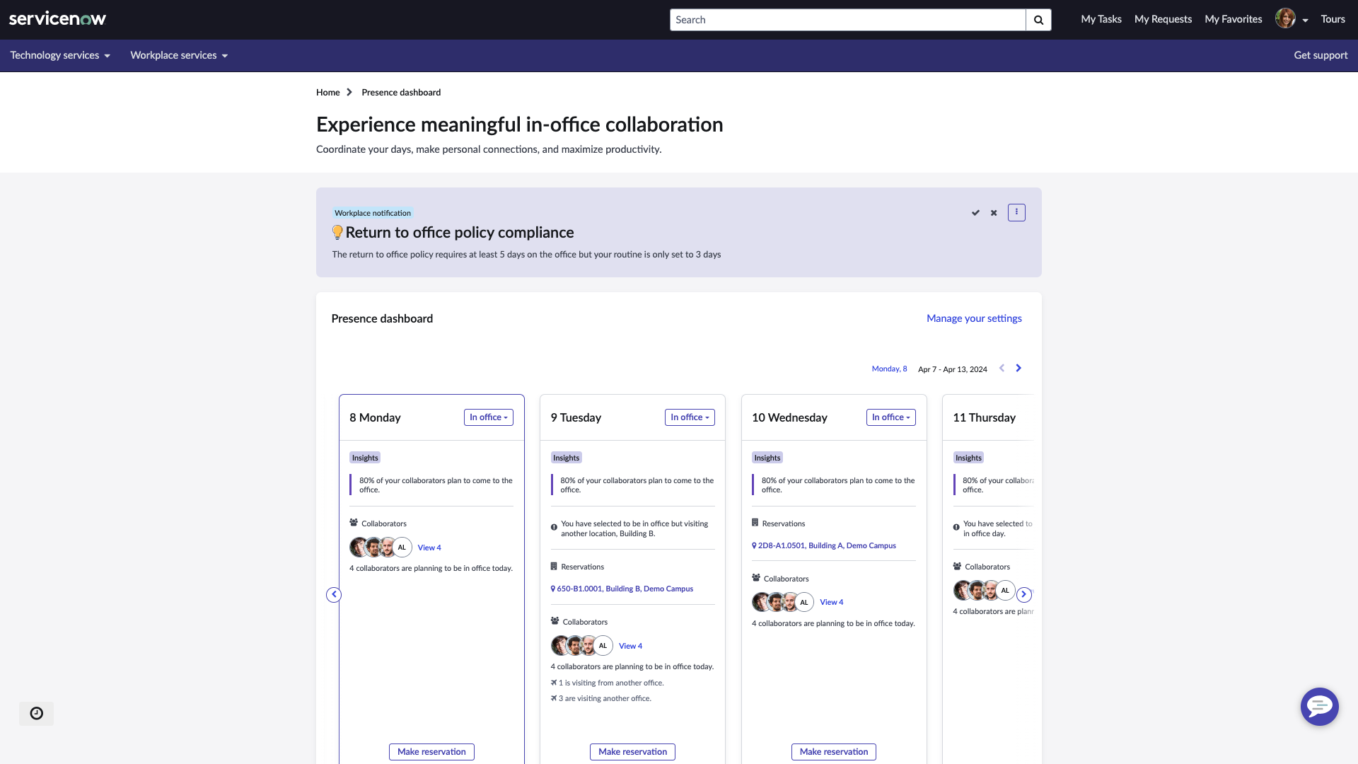 Presence dashboard showing the Insights and calendar sections.