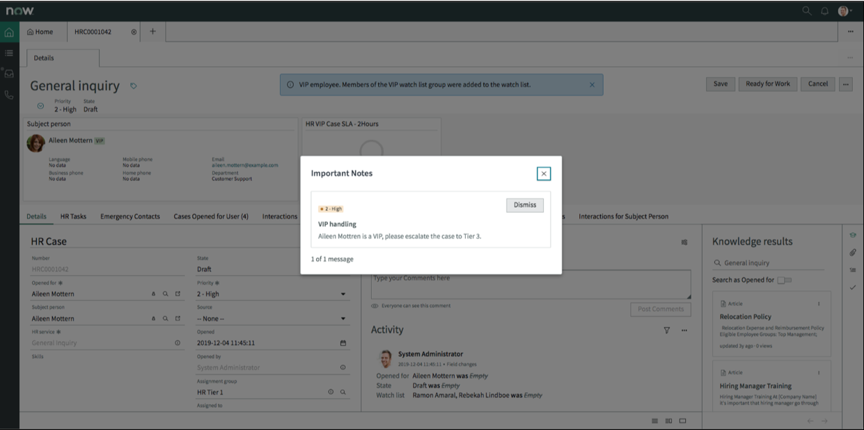 HR Agent Workspace - Special handling note