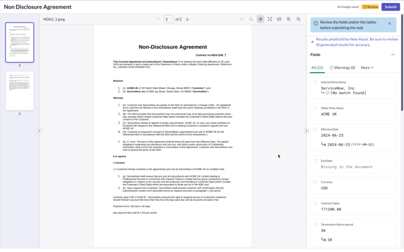 Document Intelligence displaying extracted metadata for a contract.