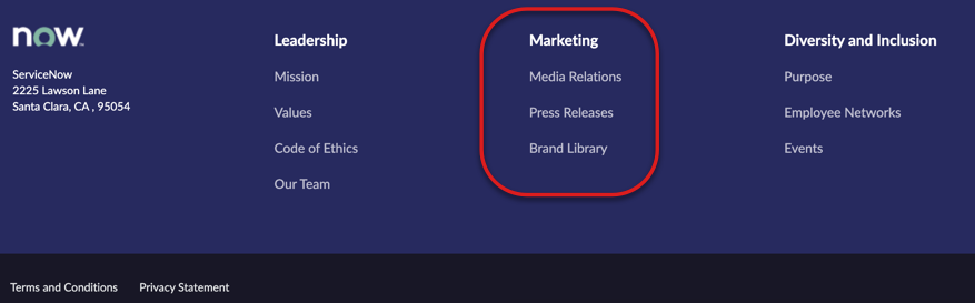 Marketing menu with associated links in the footer.