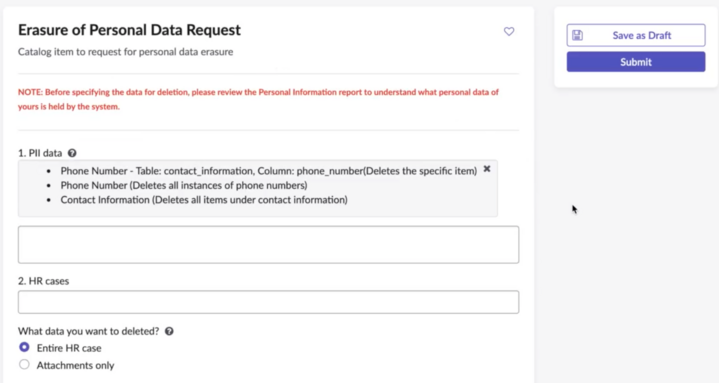 Erasure of personal data request catalog item has a field to specify the data for deletion and a field to select HR cases for deletion