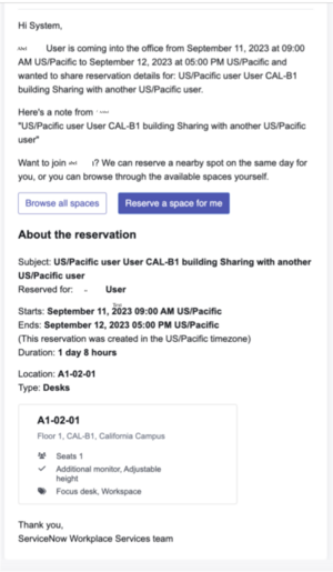 Shared email notification for a reservation with Browse all spaces and Reserve a space for me navigational link options.