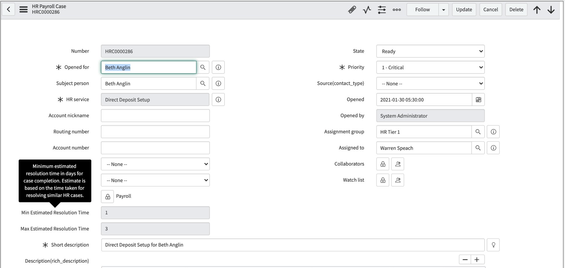 Displays the estimated time to resolve the case for an agent on platform