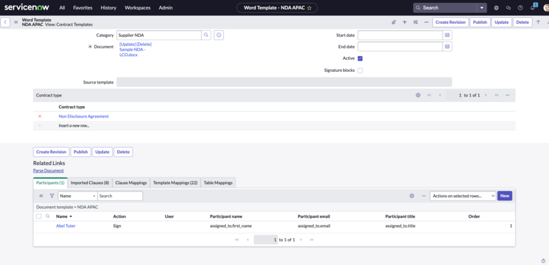 View the participant added from ServiceNow Contracts add-in in your instance