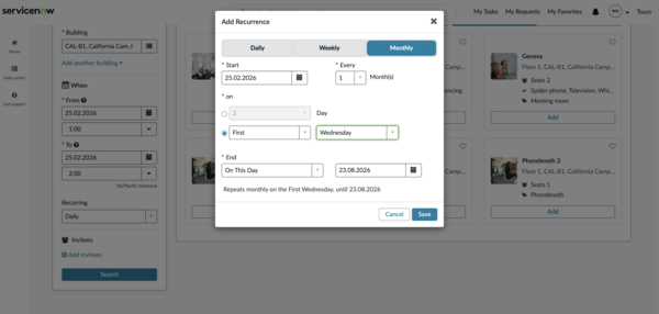 Select the required recurrence meeting pattern and duration for monthly meetings.