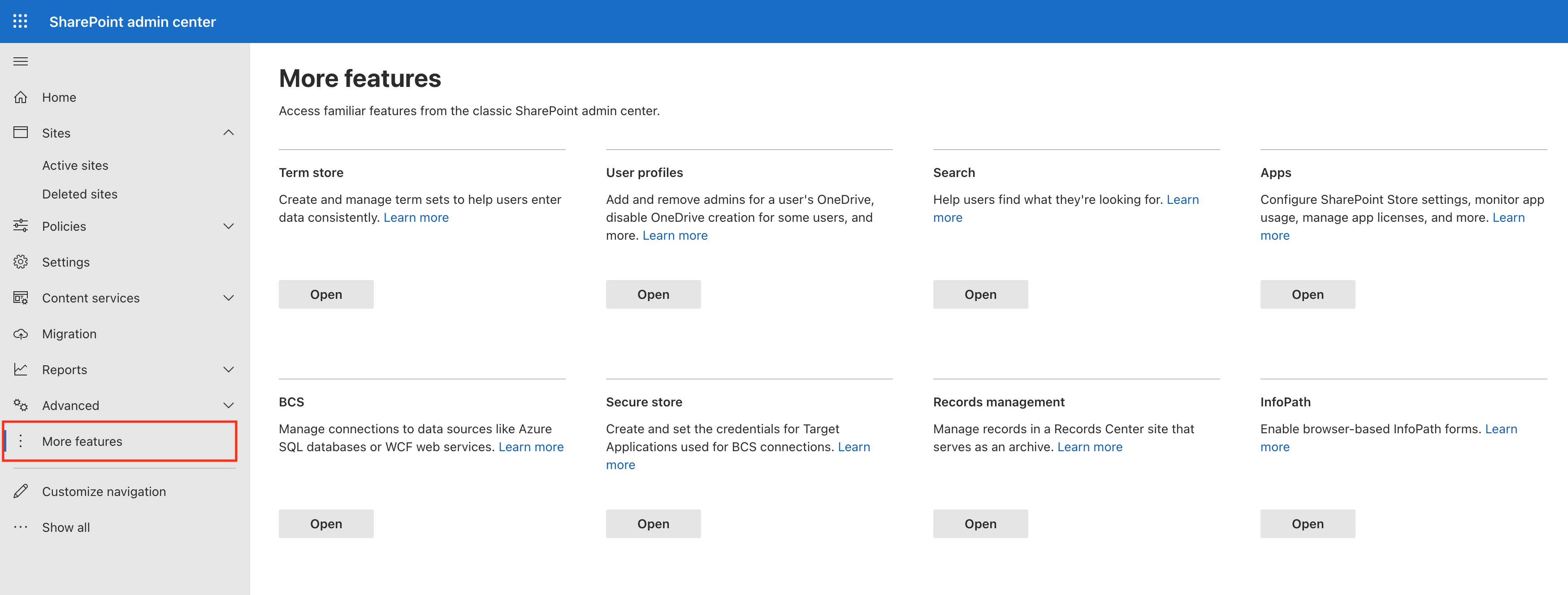 Microsoft Sharepoint admin center More Features item