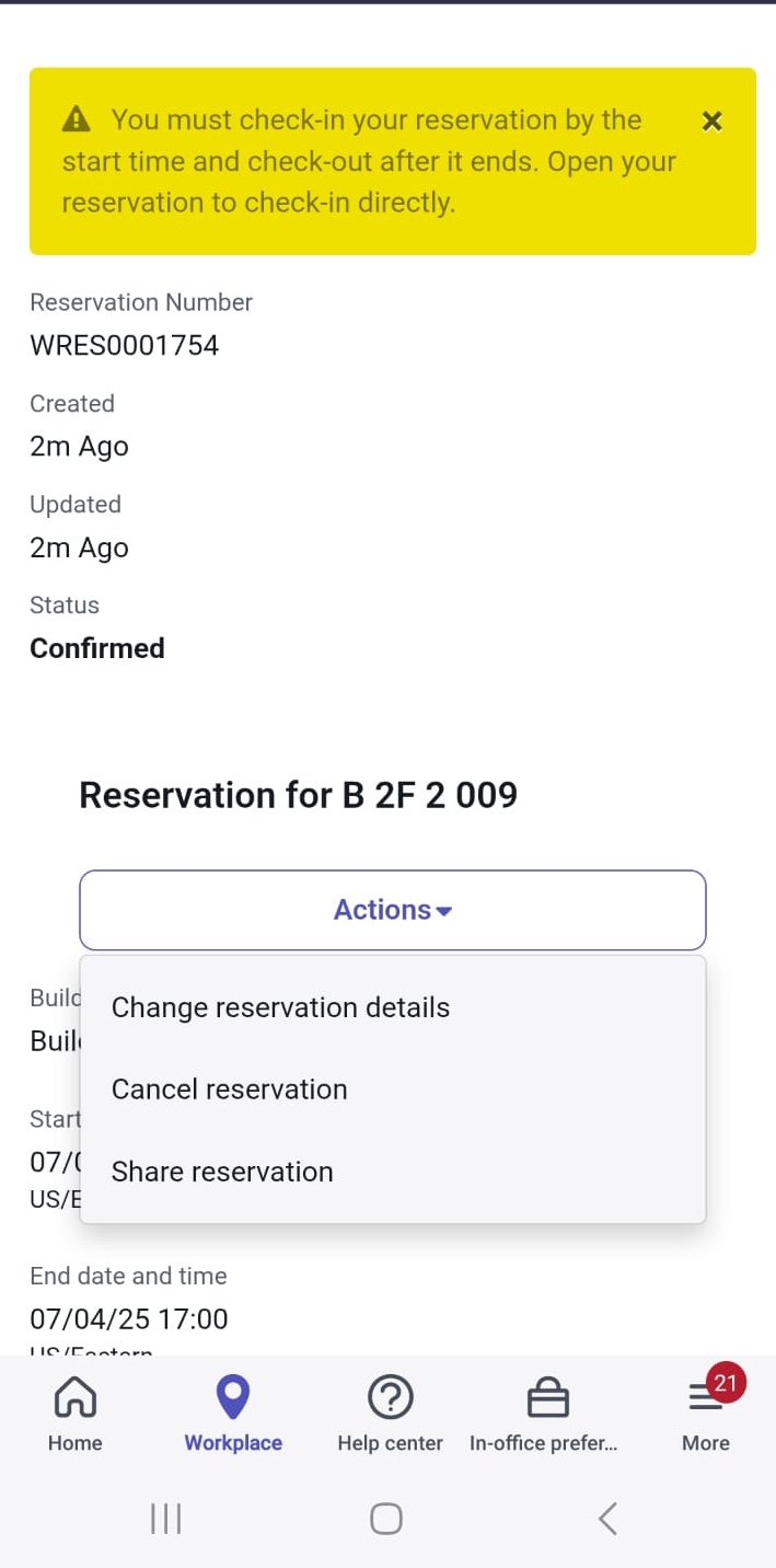 Reservation Summary page showing the Actions menu item.