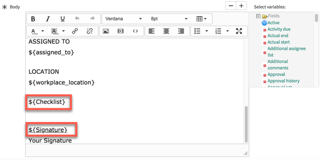 Signature and checklist variables in signing template body