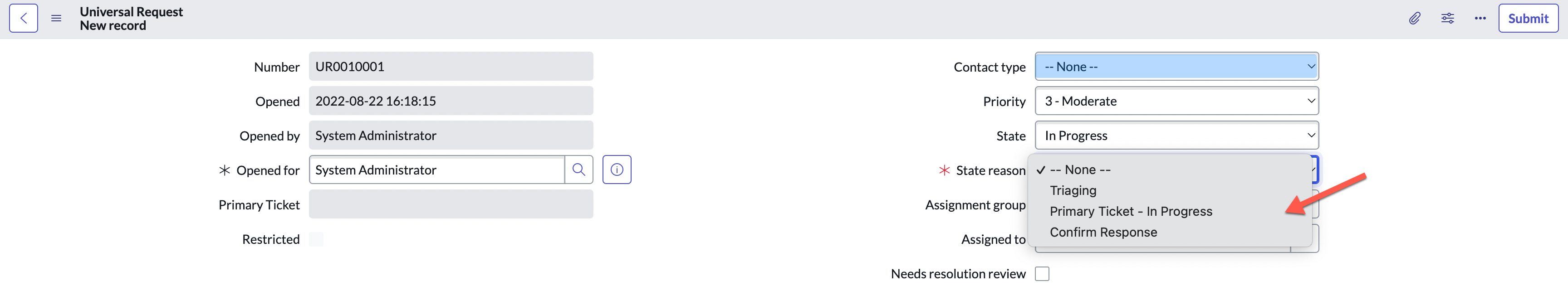 Sample: State reason for In Progress state