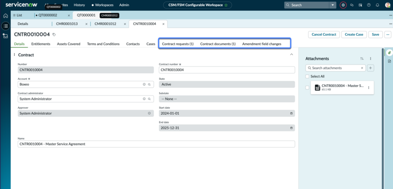 Contract repository record showing amendment related details