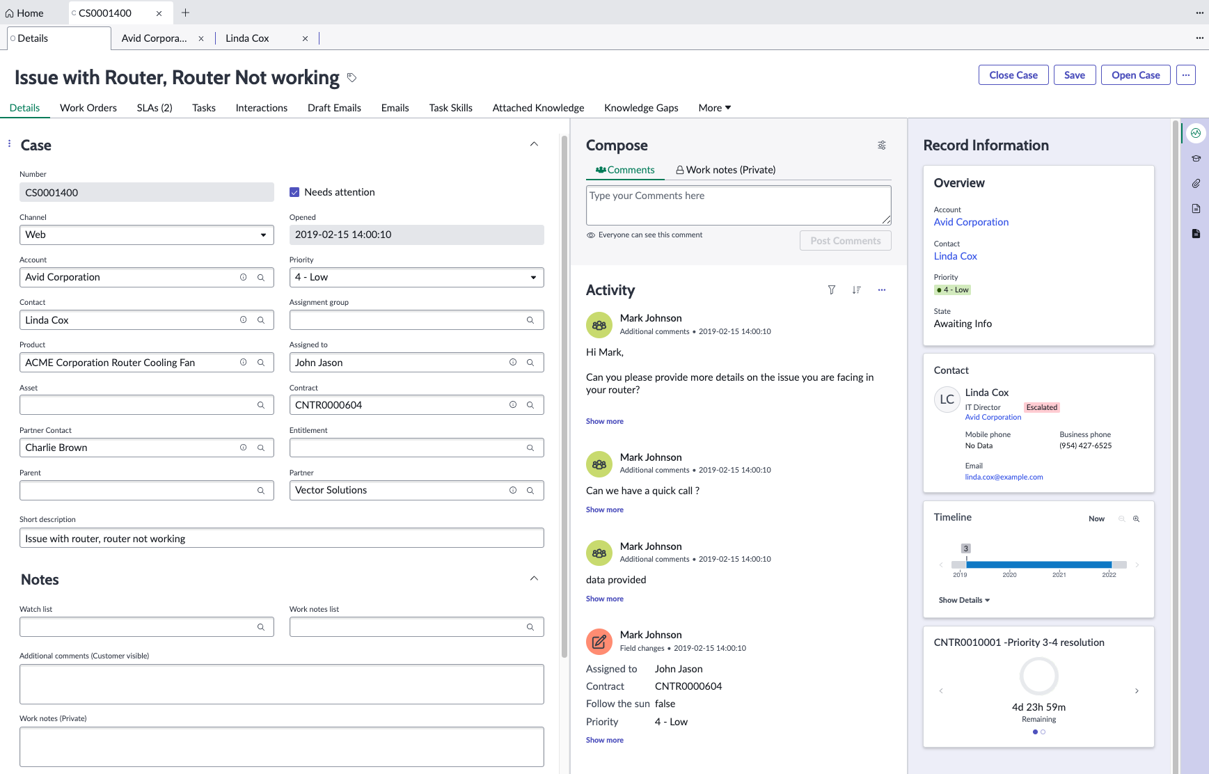 Vue d’enregistrement de ticket CSM dans l’espace de travail configurable CSM, affichée dans l’onglet Détails du ticket. Pour la description du texte, consultez le texte qui suit.