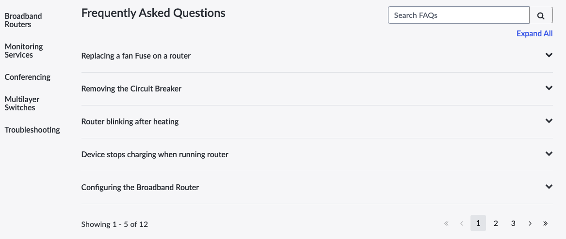 Widget de FAQ du portail affichant la liste des questions.