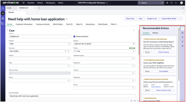 Tableau de bord Recommended Actions qui affiche l’apprentissage machine.