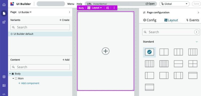 Écran UI Builder avec des options de configuration de page ainsi que les sections Mise en page, Contenu et Variantes.