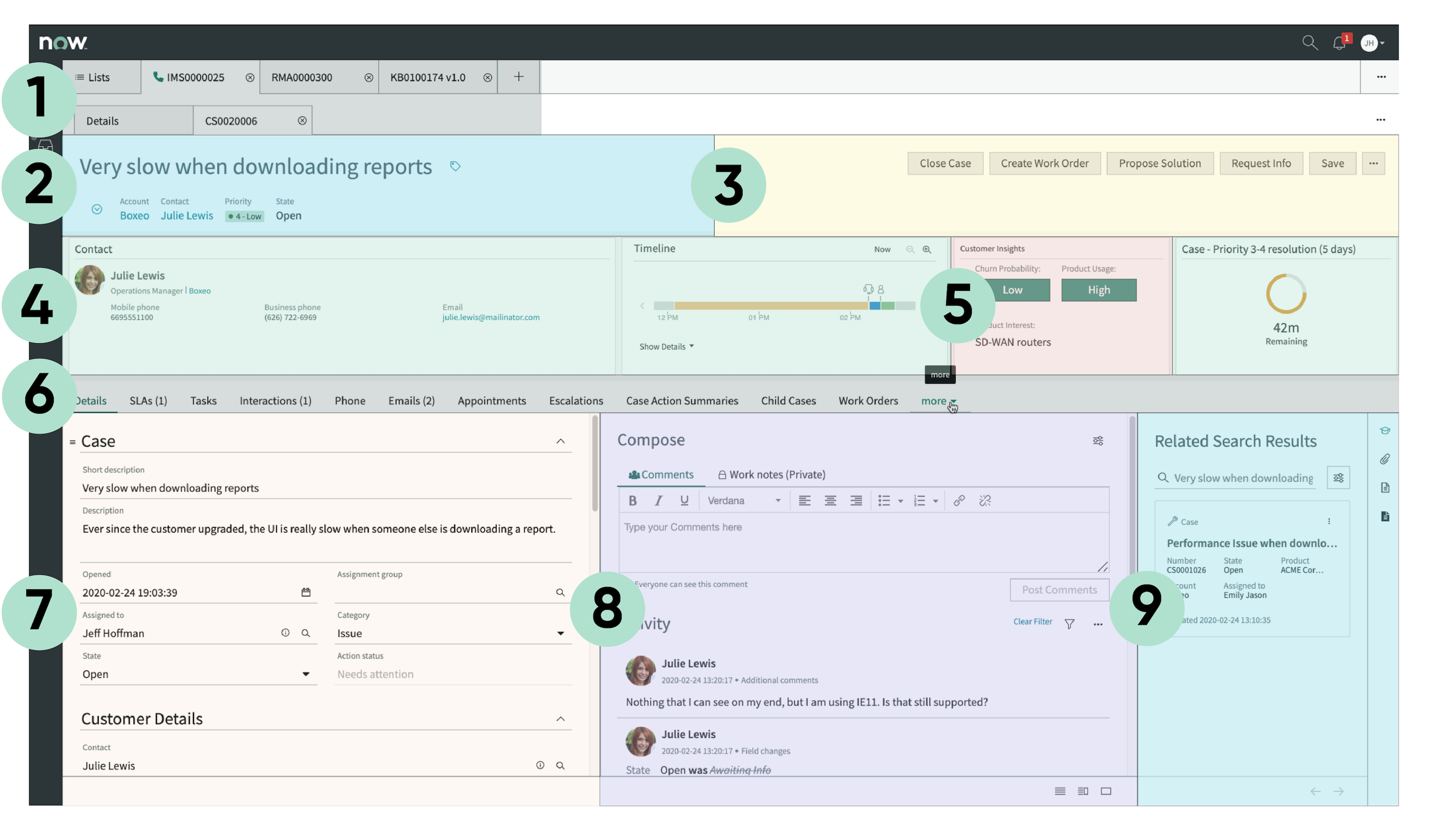 Interface de CSM Agent Workspace affichant le formulaire de ticket et organisé par sections numérotées en couleur. Pour la description du texte, consultez la table Fonctionnalités de l’espace de travail.