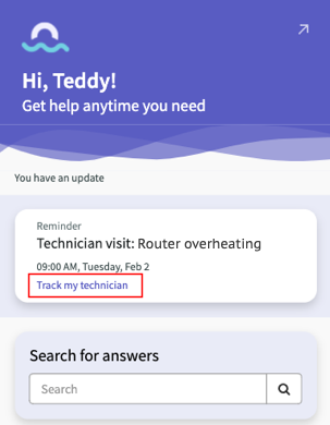 Fenêtre de messagerie instantanée affichant la fonctionnalité Suivre mon technicien.