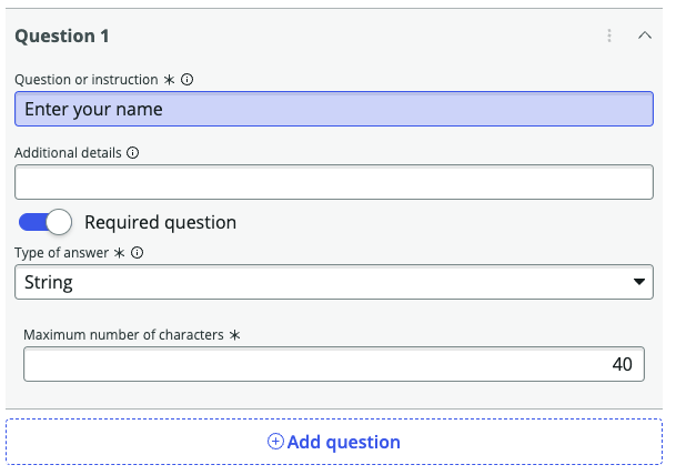 Question 1 pour demander le nom du titulaire de la carte et le type de réponse sélectionné comme chaîne.
