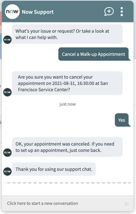 Fenêtre de messagerie instantanée Virtual Agent avec les détails d’annulation de rendez-vous.