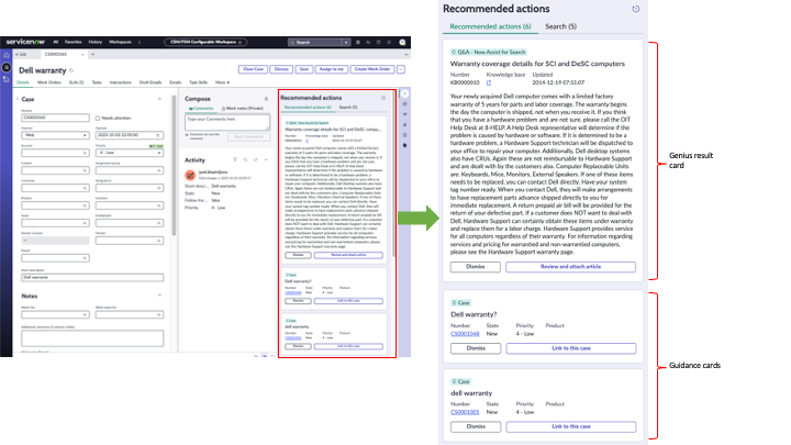 Vue d’enregistrement de ticket avec des actions recommandées dans le panneau latéral contextuel avec des arborescences de conseils et de décision sous forme de recommandations avec des ressources et des entrées pertinentes.