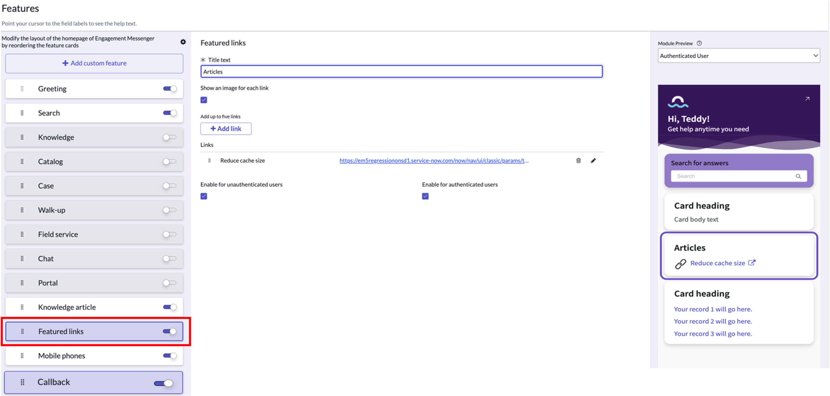 Cartes configurables affichant une liste de fonctionnalités que vous pouvez personnaliser. Dans cet exemple, des liens incorporés sont ajoutés à la page d’accueil d’Engagement Messenger.
