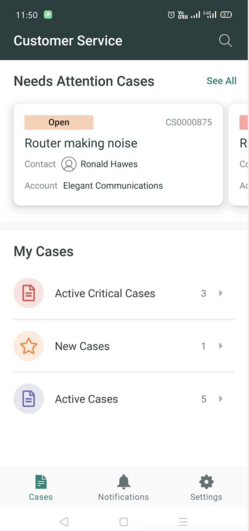 Écran du lanceur mobile Customer Service qui affiche les tickets de l’agent nécessitant une attention particulière, ainsi que les tickets nouveaux, actifs et critiques actifs.